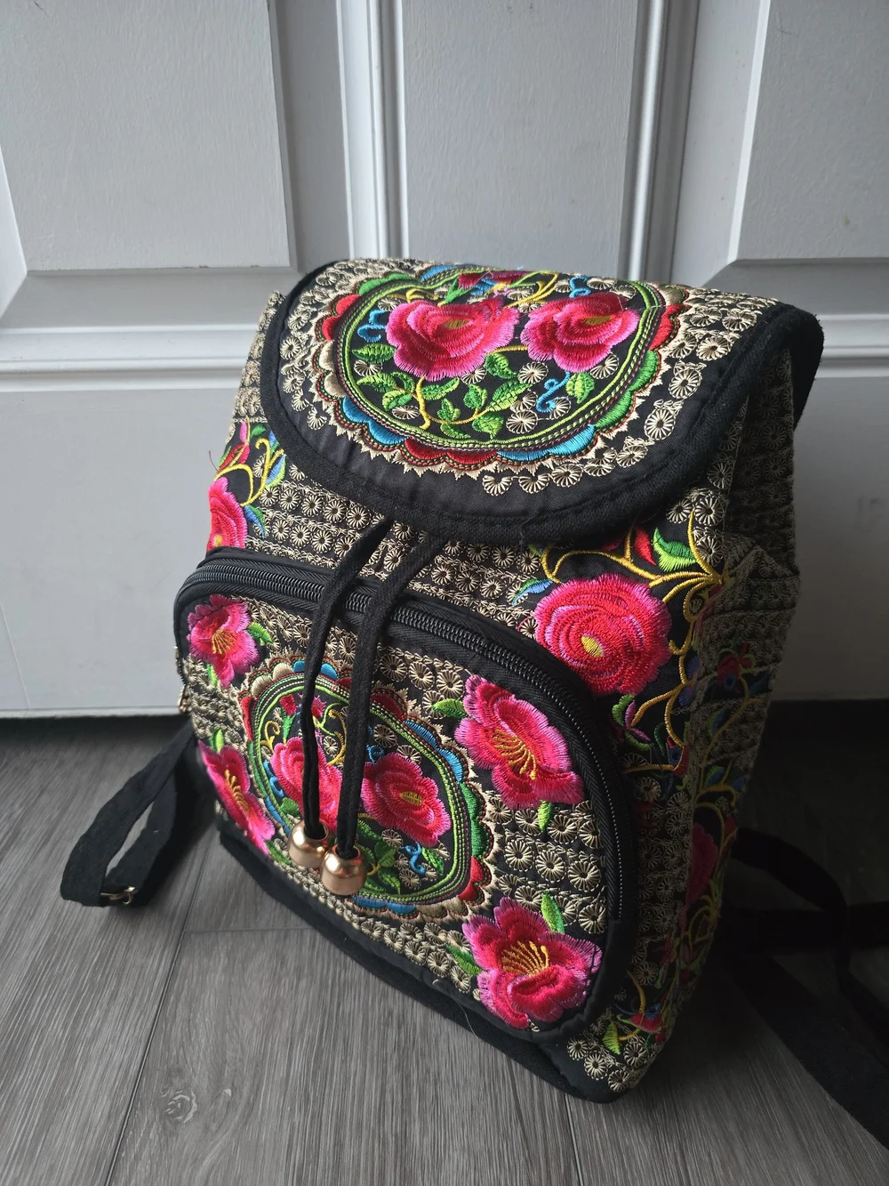 Embroidered Boho Mini Backpack Floral Mandala Red Rose Festival Bag Black Gold